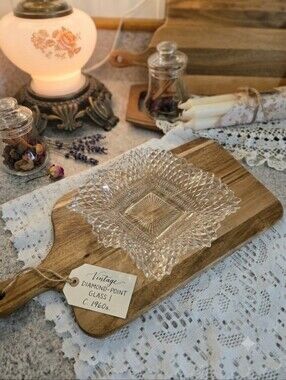 Vintage Indiana Glass Diamond Point Clear Square Ruffled Bowl